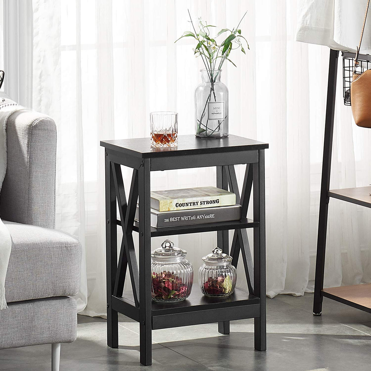 VECELO Modern Nightstands X-Design Side End Table Night Stand with Storage Shelf for Bedroom,Living Room,Set of 2 (Black A2)