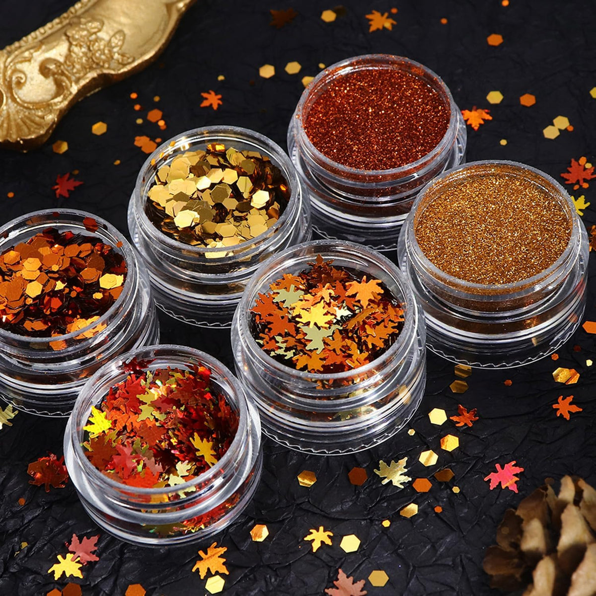 Fall Nail Art Glitter Maple Leaf Nail Sequins Flakes, 2 Colors Manicure fine Glitter Powder, 3D Holographic Orange Red Nail Stickers Decals Supplies Nail Charms for Women Girls 6 Box