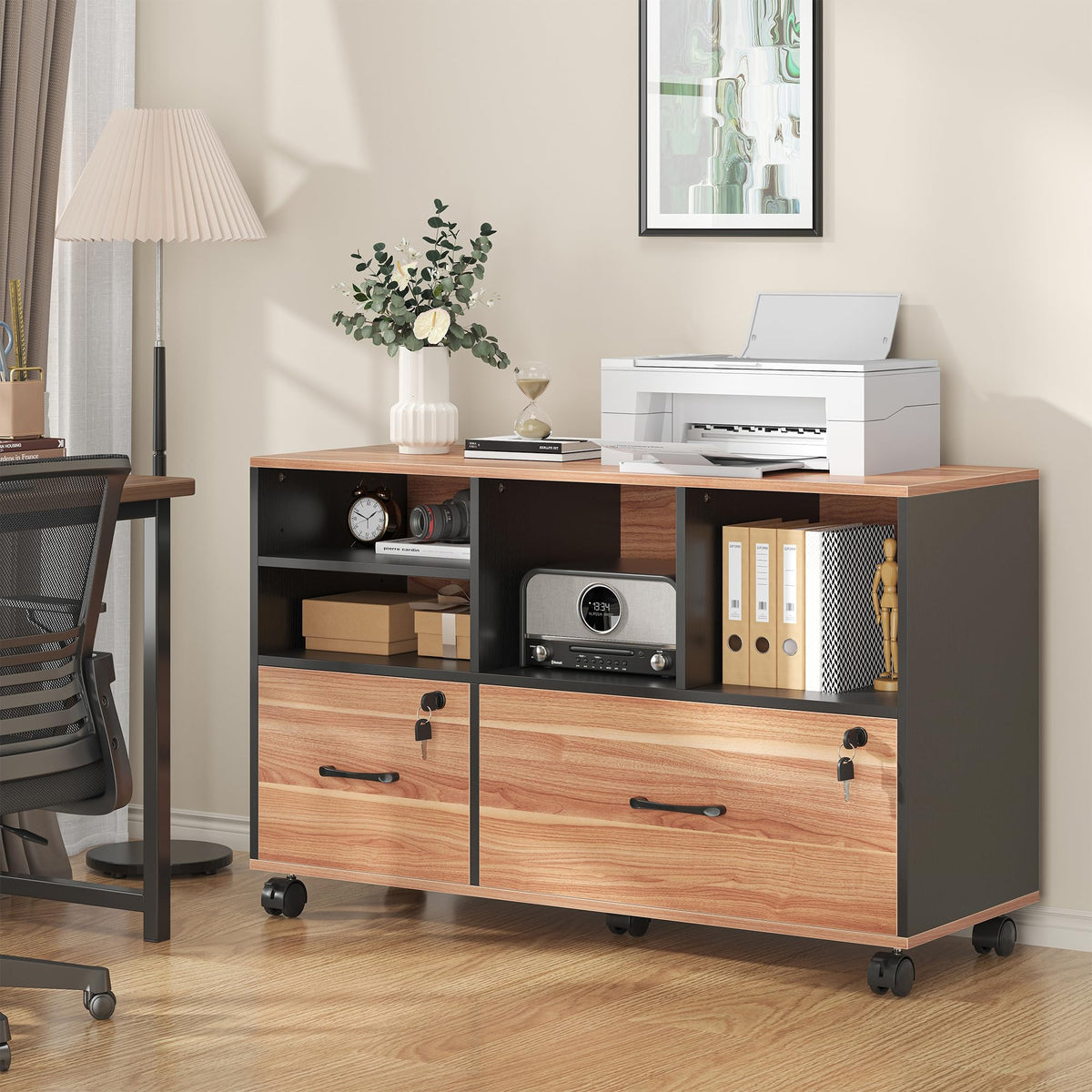 Nosepen 2 Drawer Wood Mobile Large Lateral File Cabinet with Lock, Lockable Rolling Filing Cabinet with Storage Shelves, Printer Stand Office Storage Cabinet for Home Office Fits Files Legal/A4