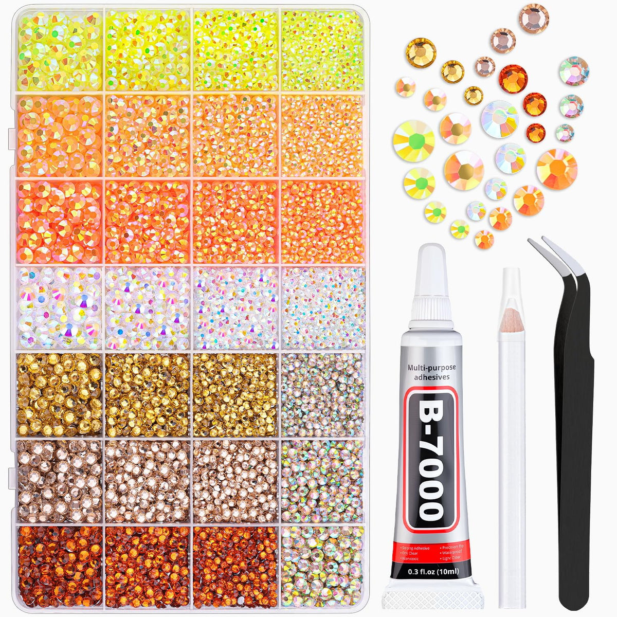 20000Pcs Yellow Rhinestones for Bedazzling with 1Pcs B7000 Jewelry Glue, Resin Rhinestones for Crafting Crafts DIY, Bedazzler Kit Gems for Clothing Shoes Tumblers Nail Art Assorted Size 3/4/5/6mm