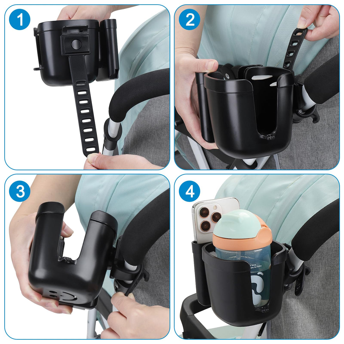 Accmor Stroller Cup Holder with Adjustable Strap, 360 Degree Rotatable Universal Cup Holder for Uppababy, Nuna, Doona Stroller, Drinks Holder for Wheelchair, Walker, Rollator