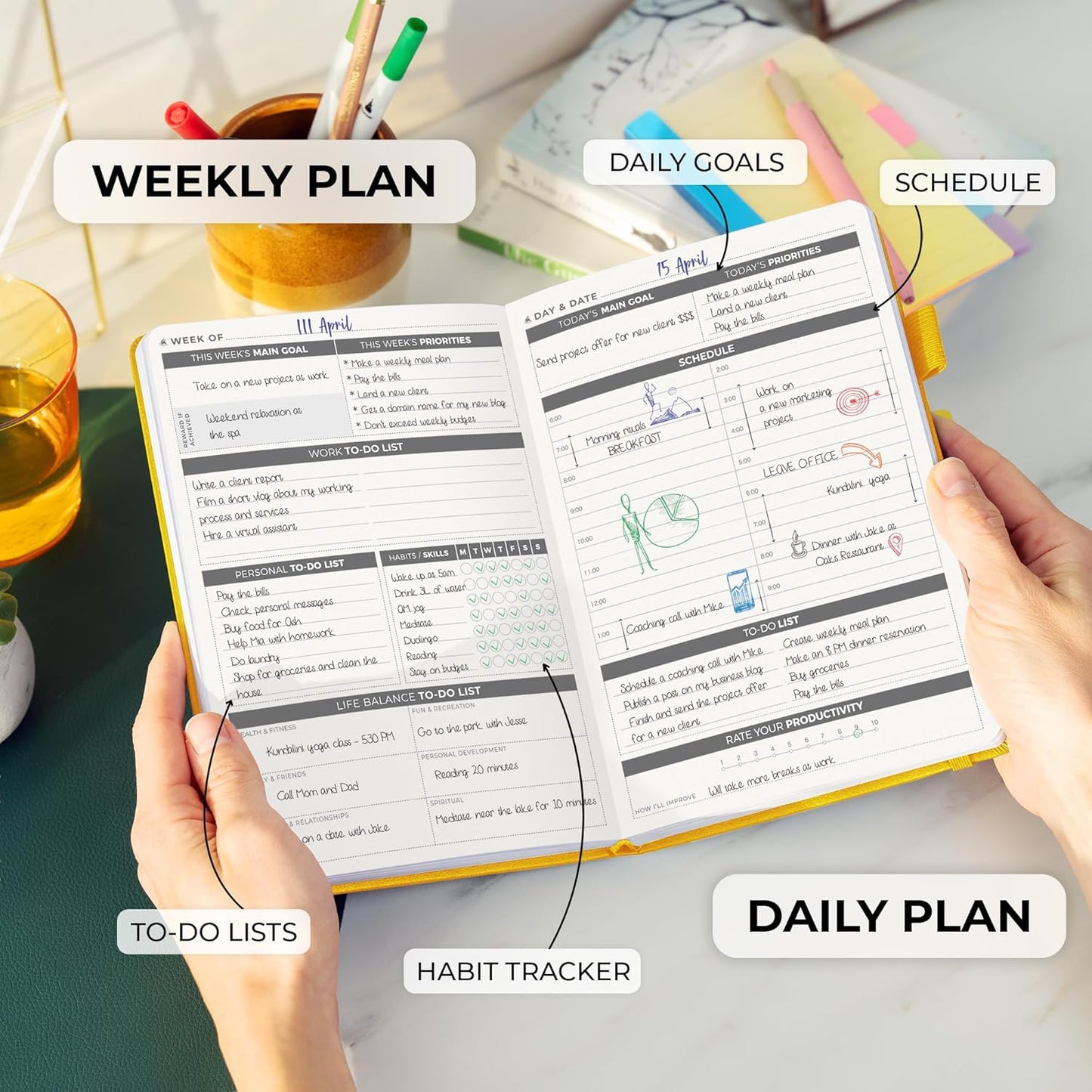 Clever Fox Daily Planner – Undated Planning Notebook with Hourly Schedule & To-Do List – Personal Day Task & Work Organizer, 6 Months (Amber Yellow)