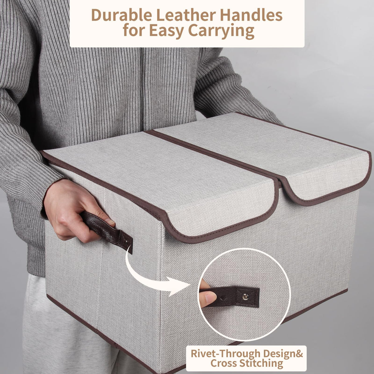 Tcbelosion Foldable Fabric Storage Box with Double-Lid & Dividers, Large Organizer for Home, Closet, Office(Grey)