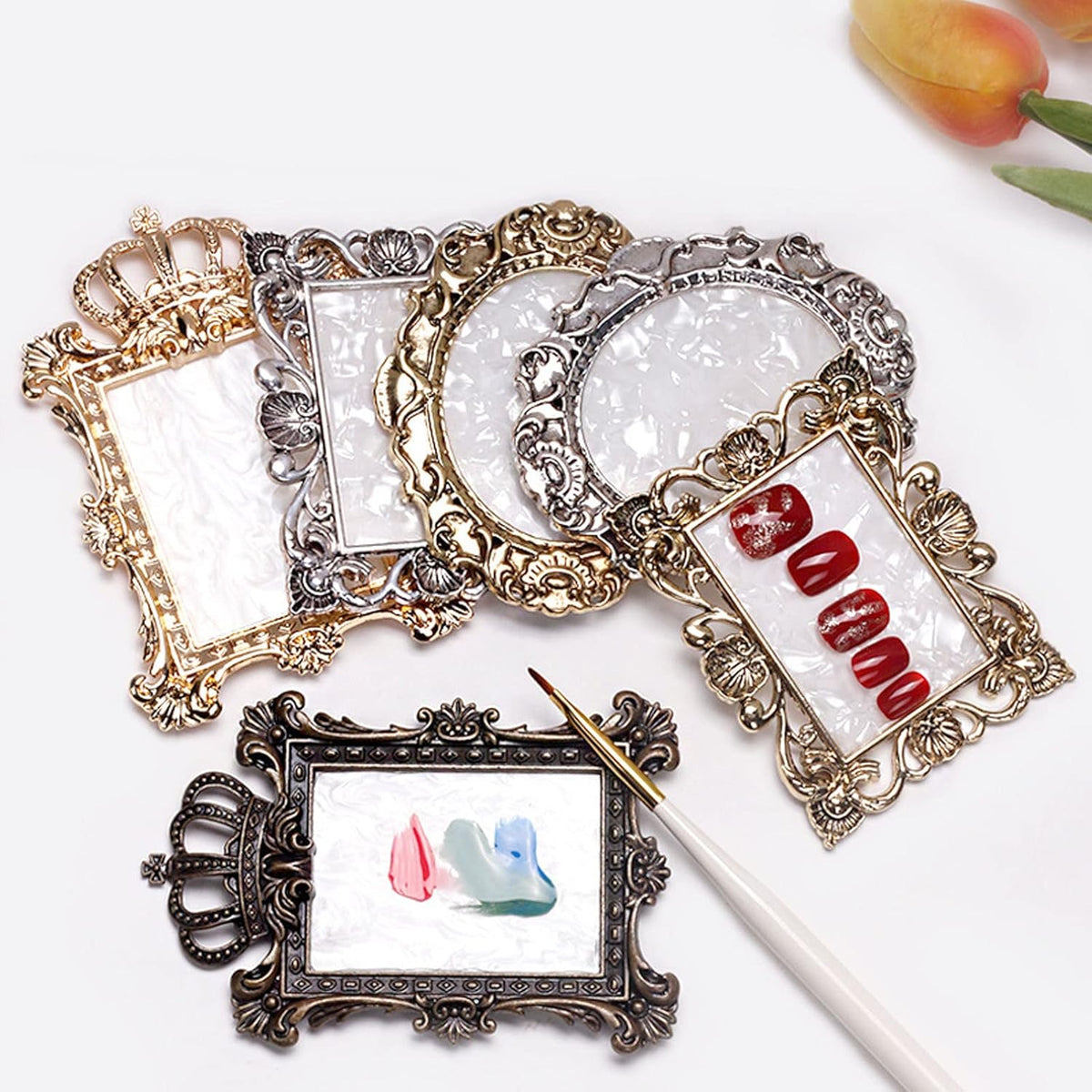 2pcs Resin Nail Art Palette, Nail Art Painting Palette Gold Silver Copper Mixed Color Vintage Photography Props Nail Gel Color Makeup Display Board Nail Art Cosmetic Mixing Tools