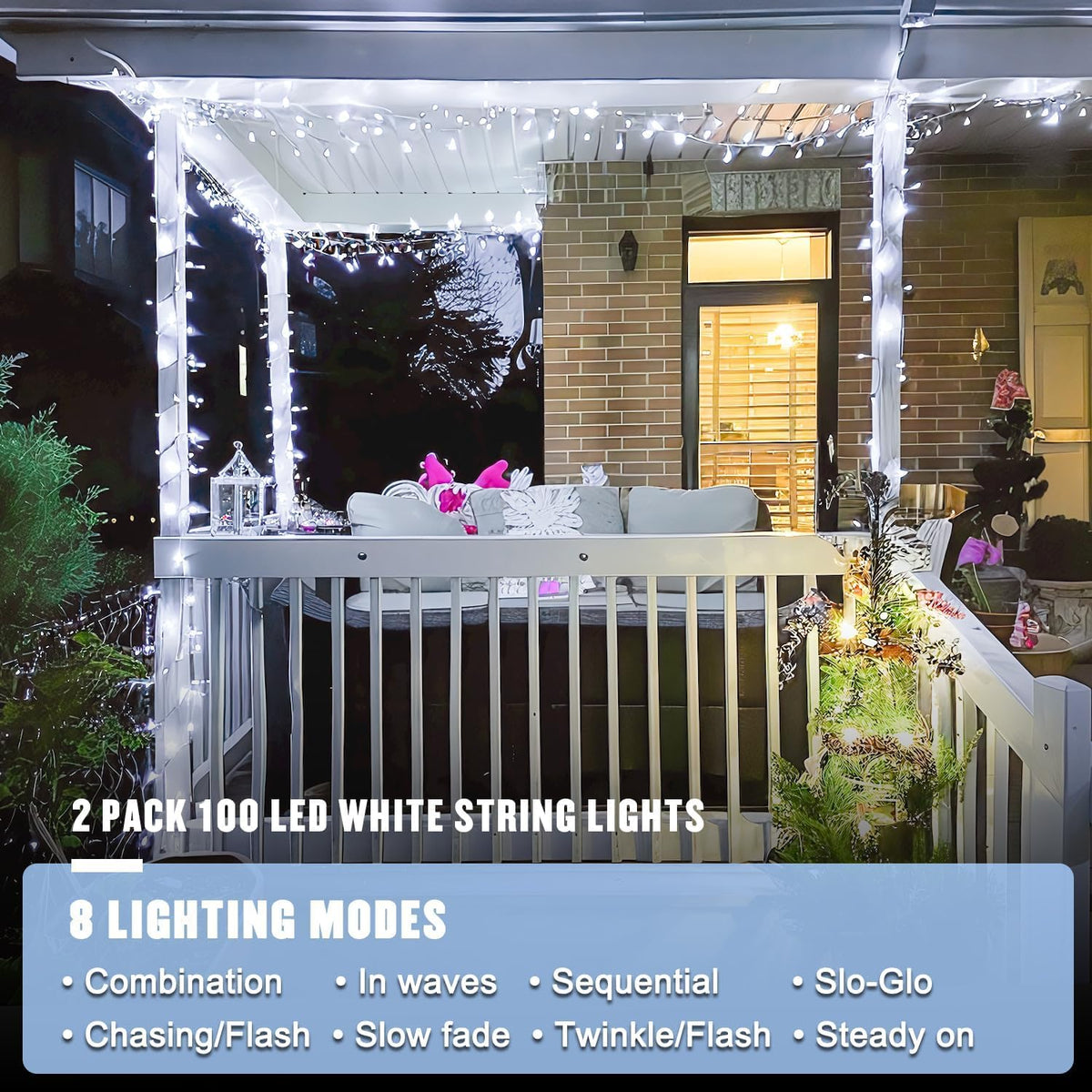 JMEXSUSS 2 Pack 100 LED White Christmas Lights Indoor, 33ft 8 Modes White String Lights Indoor Outdoor Connectable, Clear Wire Christmas String Lights for Bedroom Tree Xmas House Party Decorations