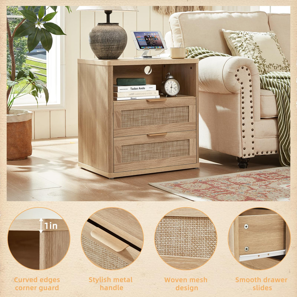 LEYAOYAO Rattan Night Stand with Charger Station, 23" Wide Boho Nightstand with 2 Drawers, Natural Wood Bedside Table Open Storage Cabinet, Bed Side End Tables Dresser for Bedroom, Living Room Hallway