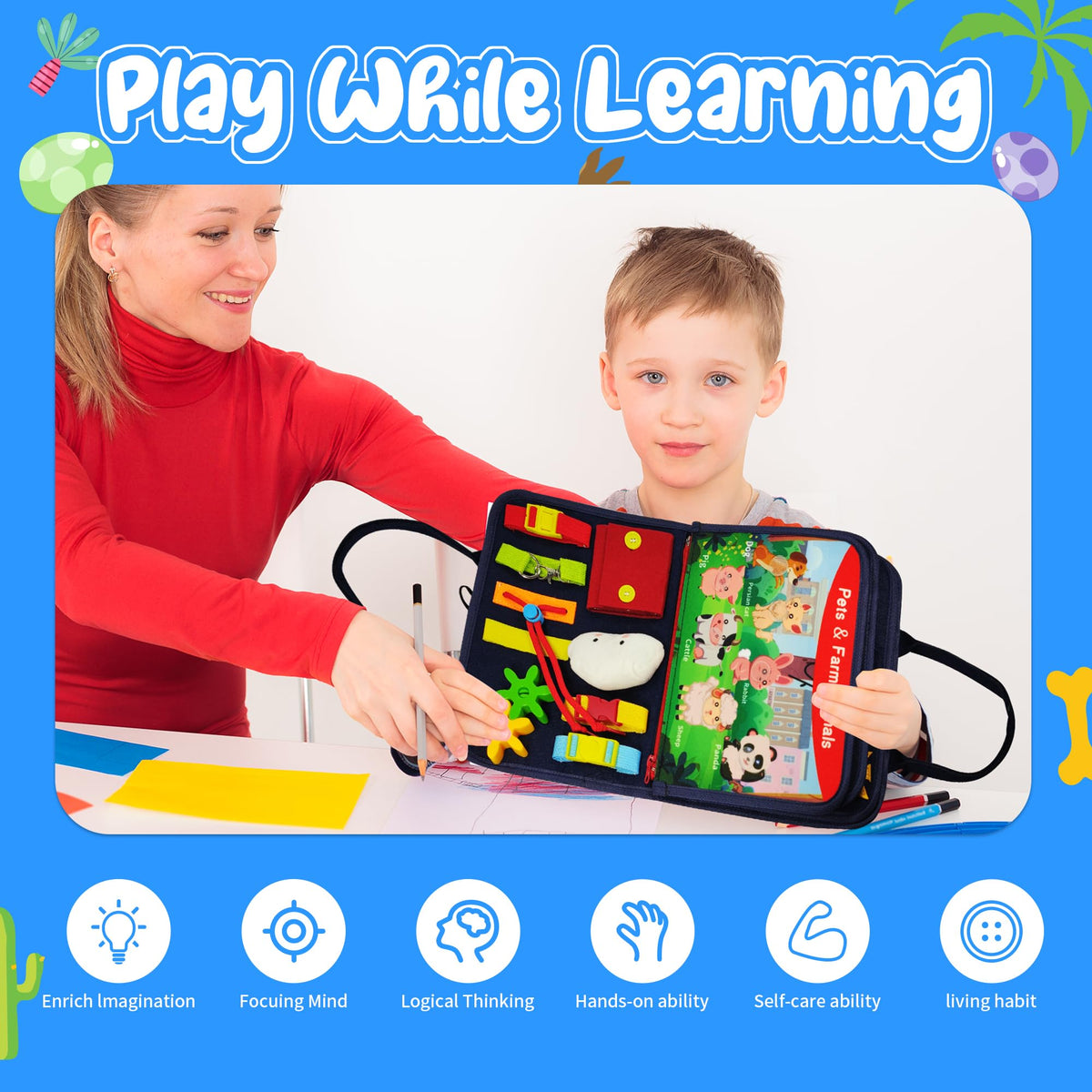 TenFans Busy Board - Montessori Toys for 1 2 3 4 Year Old - Sensory Toys for Toddlers 1-4 - Gifts for Boys Learning Fine Motor Skills - Educational Activities Travel Toys for Car Airplane