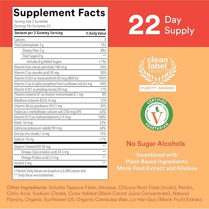 SmartyPants Kids Multivitamin Gummies, Sugar Free: Omega 3 (ALA), Vitamin D3, C, Vitamin B12, B6, A, K & Zinc for Immune Support, Biotin, Erythritol Free, Strawberry Banana, 44 Count (22 Day Supply)