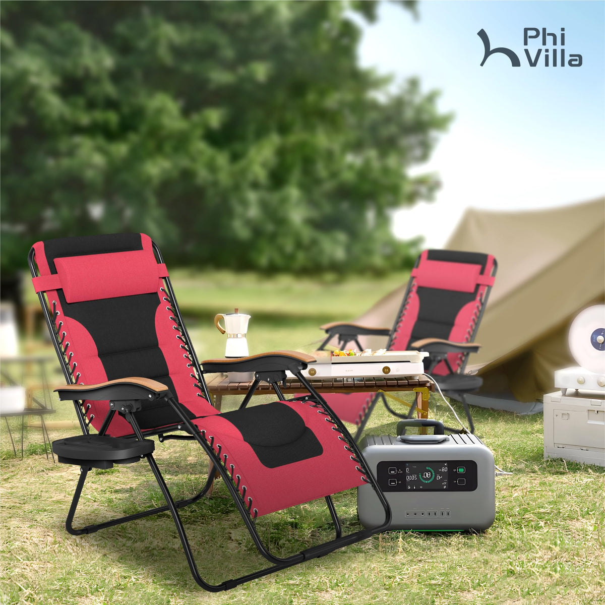 PHI VILLA XXL Oversized Padded Zero Gravity Chair, Foldable Patio Recliner, 30" Wide Seat Anti Gravity Lounger with Cup Holder, Set of 2, Support 400 LBS (Red)