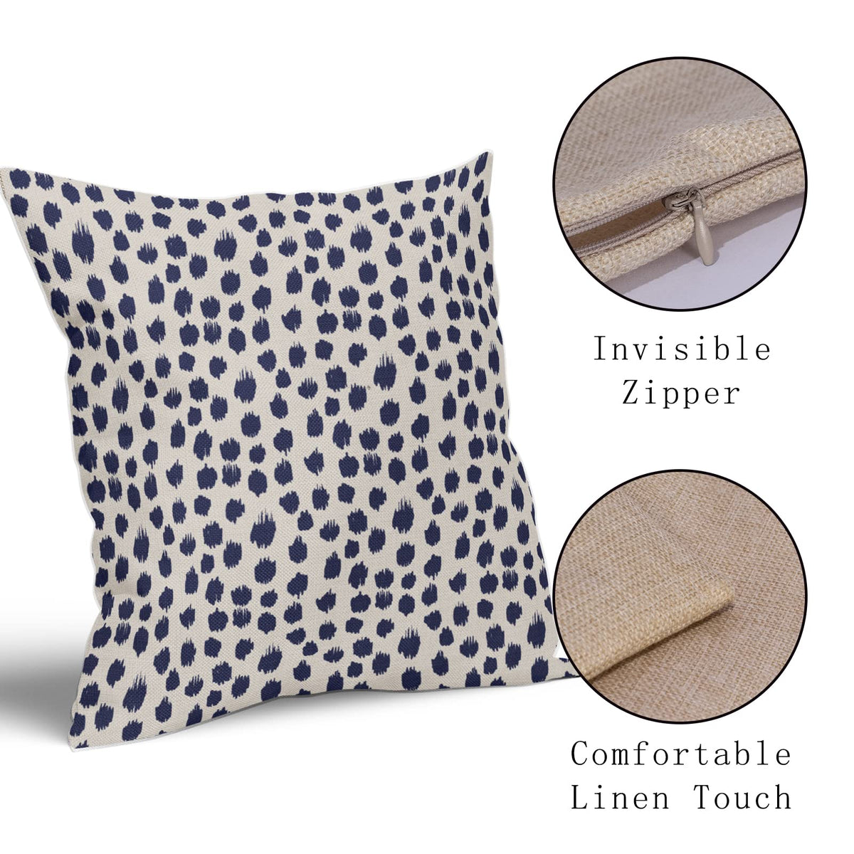 Navy Blue Cream Pillow Covers 18x18 Set of 2 Polka Dot Throw Pillows Outdoor Boho Design Brush Strokes Decorative Pillowcase Square Cushion Cover Linen Pillow Case for Home Sofa Couch Bed
