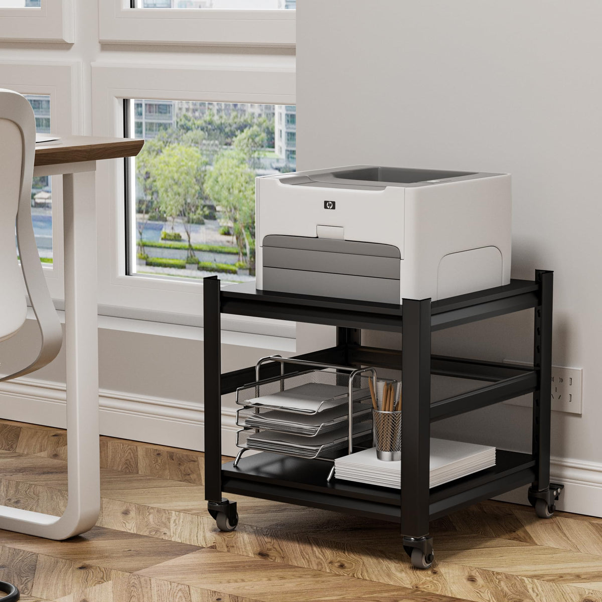 Phonando Printer Stand with Wheels,2-Tier Printer Table with Adjustable Storage Shelf for Home Office,Rolling Printer Cart for Heat Press Mini Fridge, Computer,Black