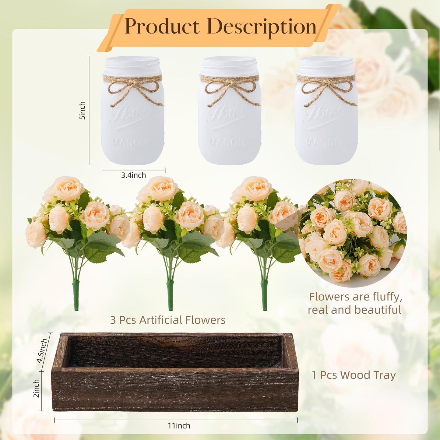 KIVIVO Mason Jar Centerpiece Table Decorations, Kitchen Table Centerpieces for Dining Room, Spring Coffee Table Decor with Peonies Artificial Flowers, Wood Tray, Farmhouse Centerpieces for Tables