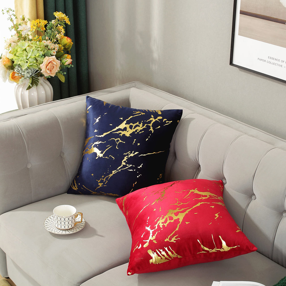 TAOSON Pack of 2,Velvet Marble Pattern Lines Geometric Bronzing Printed Cozy Soft Throw Pillow Cases Cushion Covers Shells for Sofa Couch Bed Home Decoration 20 x 20 Inches, Red and Gold