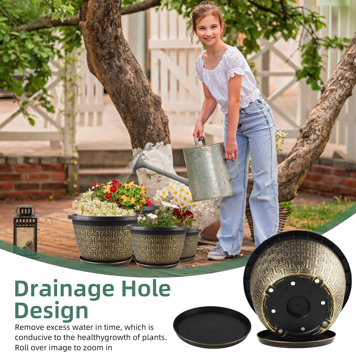 Nooulap 4 Pack 12 Inch Plant Pots,Large-Plant-Flower-Planters-Plastic, Flower Pots Outdoor Indoor with Drainage Holes & Trays, Retro Antique Imitation Decorative Garden Sets for Houseplants