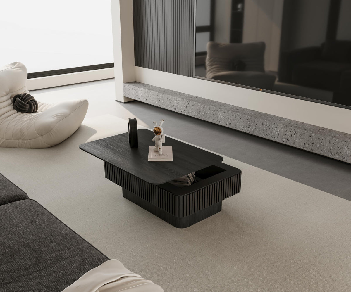 Black Coffee Table with Lifting Top Storage for Living Room,Fluted Lift Up Coffee Tables with Storage Solid Wood Center Table 38.6'' Modern Smart Rectangular Lift Up Tabletop for Apartment Office