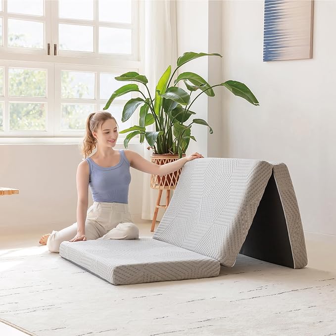 MLILY Tri-Fold Memory Foam Mattress, 4 inch Full Folding Mattress with Collapsible and Washable Cover, Travel and Guest Mat, 75"×54"×4", Grey