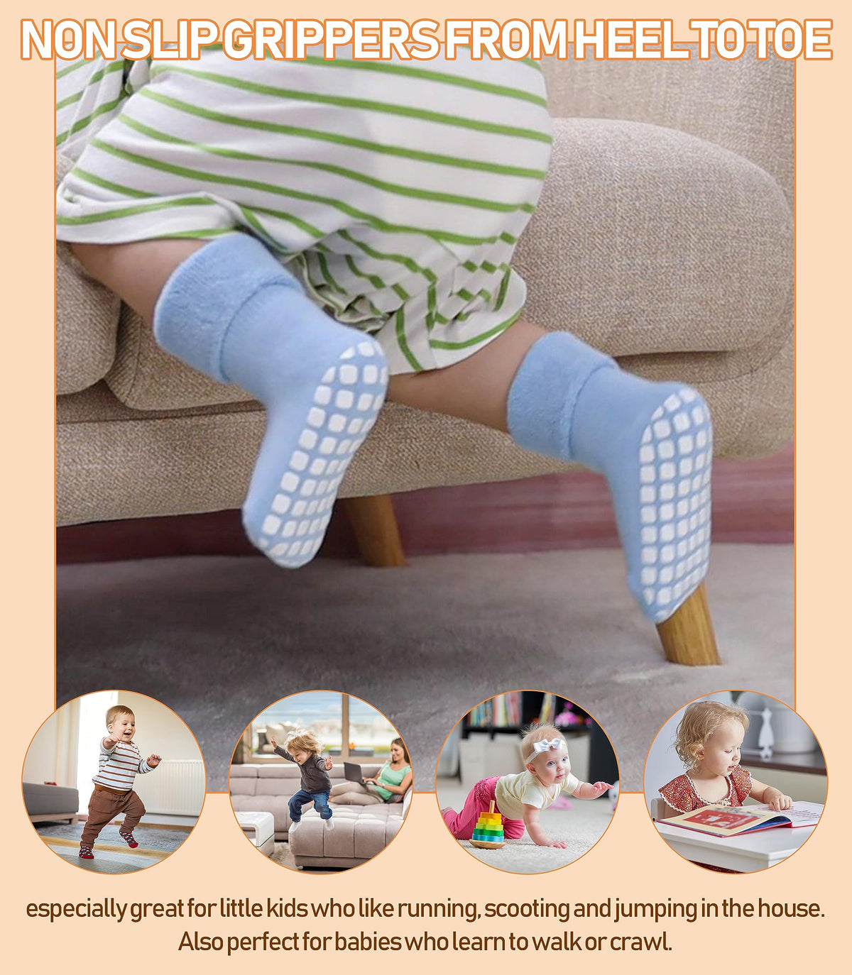 LANLEO Baby Girls Boys Non Slip Socks with Grips Toddler Kids Unisex Warm Thick Cotton Ankle Crew Socks with Grippers 6 Pairs Color A,1-3 Year Old