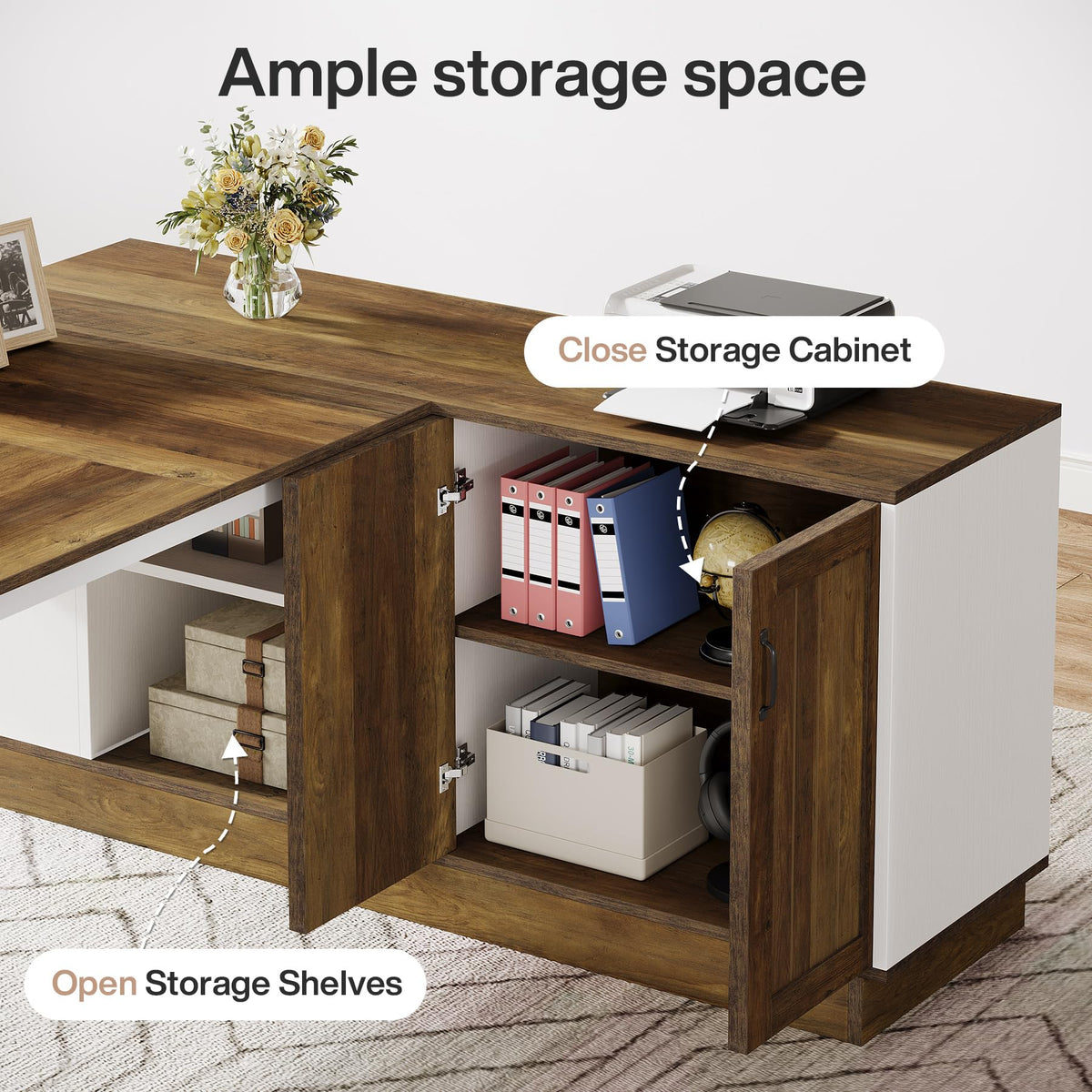 Tribesigns Executive Office Desk with File Cabinet, 79-Inch Modern L-Shaped Desk, Large Computer Table with Storage Cabinet and Open Shelves, Business Table for Home Office, Brown and White