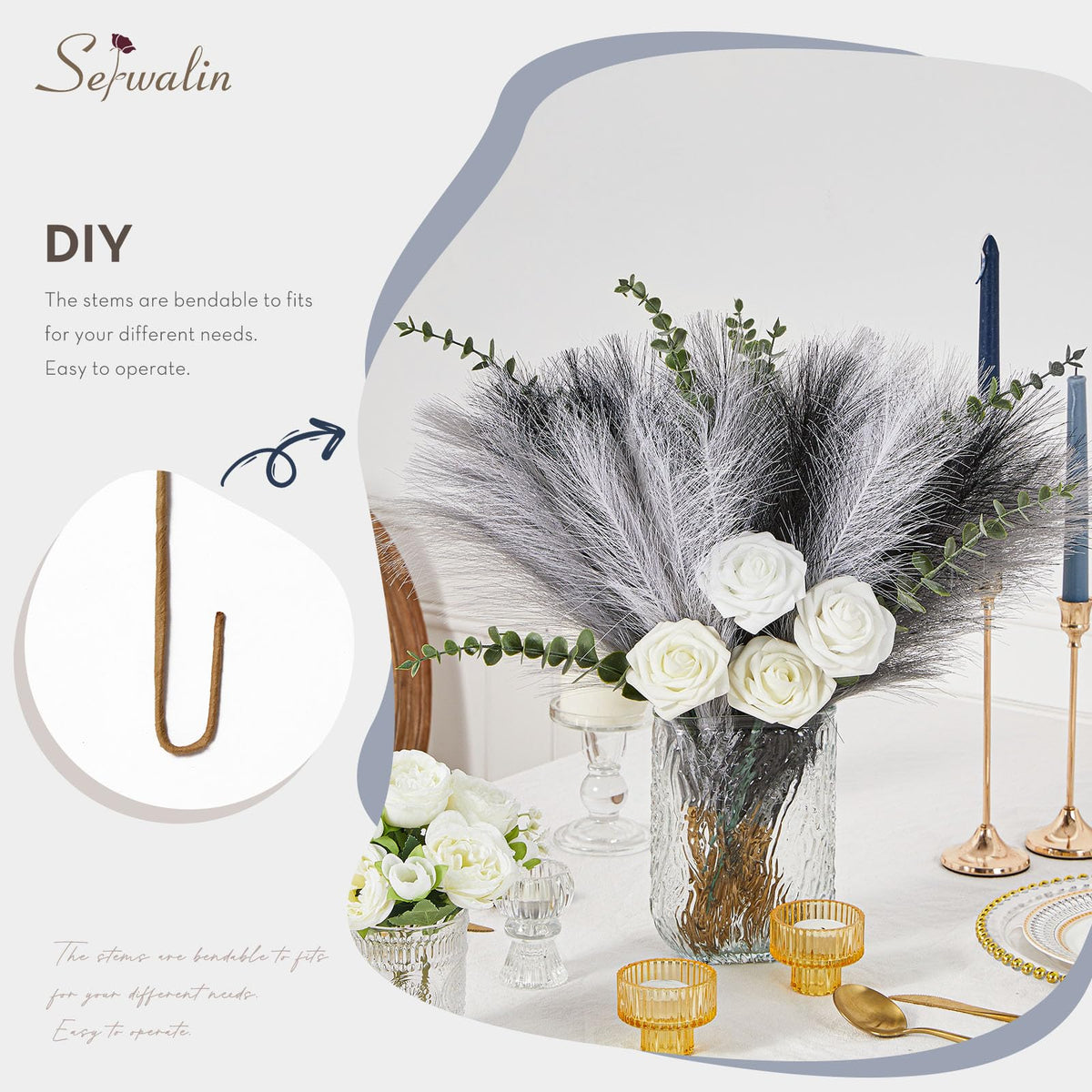 Serwalin 60Pcs Black Pampas Grass Decor, 17'' Faux Pampas Grass, Fluffy Artificial Pompous Grass Vase Filler Flower Arrangement for Living Room Decor Wedding Party Home Decor (Black＆White＆Gray)
