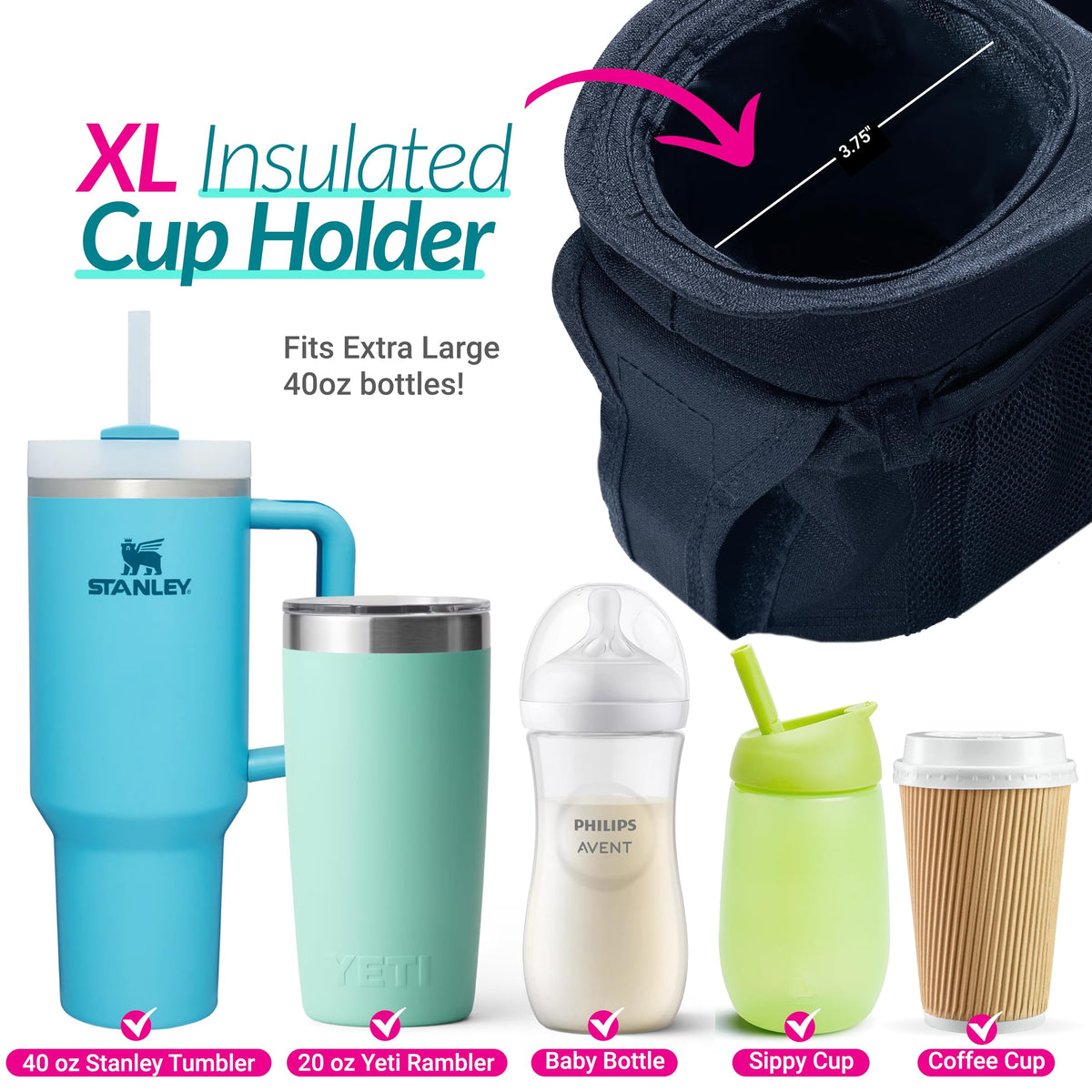 Swanoo Stroller Caddy Stroller Organizer With Cup Holder, Non Slip Straps Stroller Bag for Phone, Pet Stroller Accessories, Universal Fits Uppababby Vista v2 Wonderfold Wagon, Doona and More