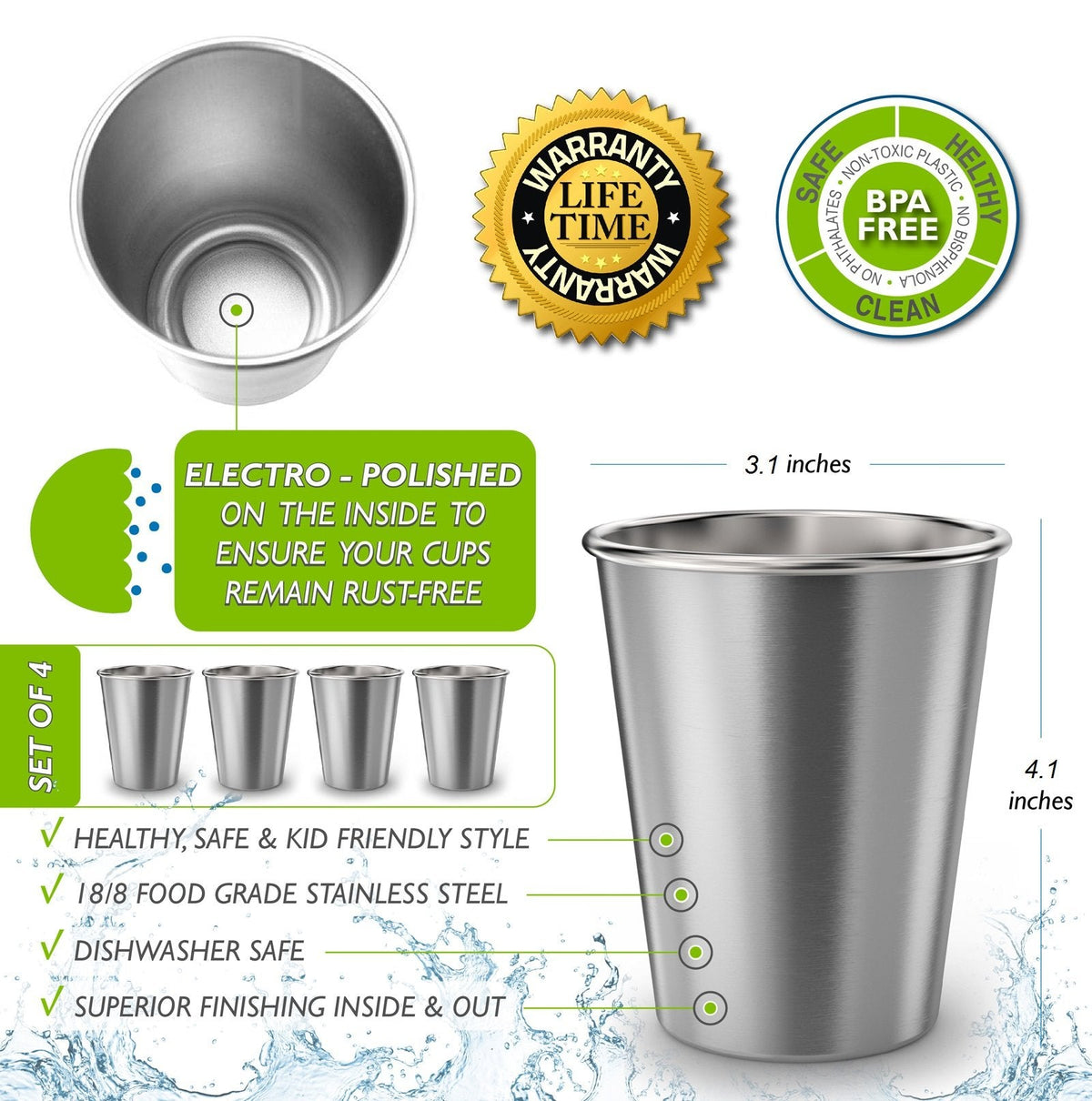 CHILLOUT LIFE Stainless Steel Cups for Kids and Adult 12 oz – Metal Kids Cups stackable for Home & Outdoor Activities, BPA Free Healthy Unbreakable Premium Metal Drinking Pint Glasses (4-Pack)