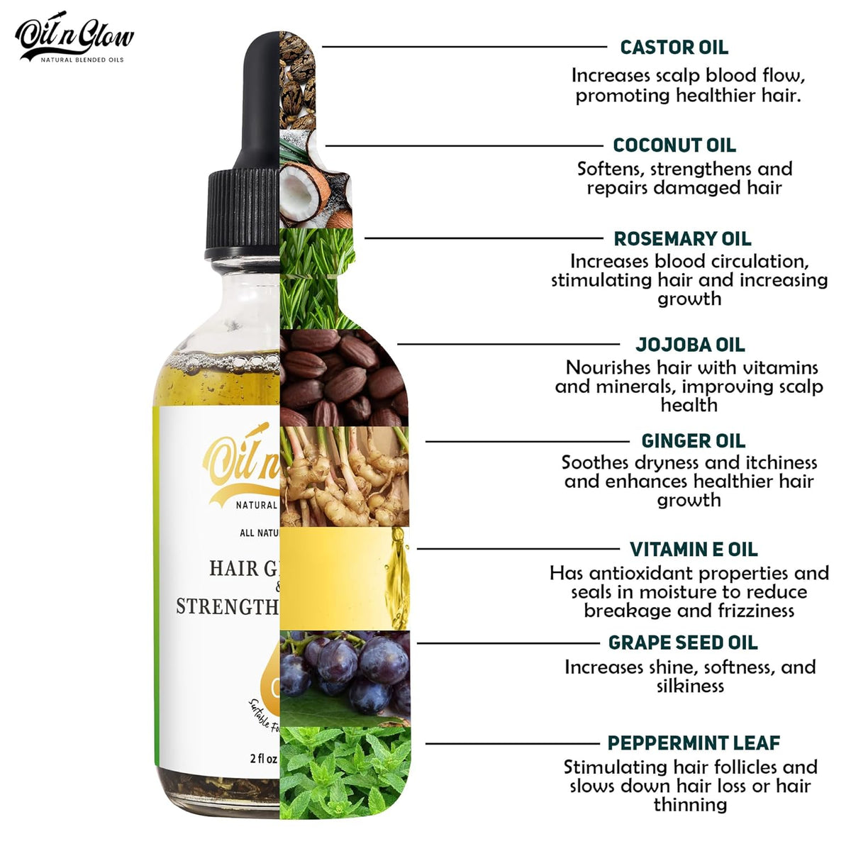 USDA Certified Organic 9 in 1 Natural Hair Growth Serum & Strengthening Oil with Rosemary, Castor, 100% Vegan Jojoba, Coconut, Grape Seed, Ginger & Scalp DHT Blocker Peppermint Oil 2 FL