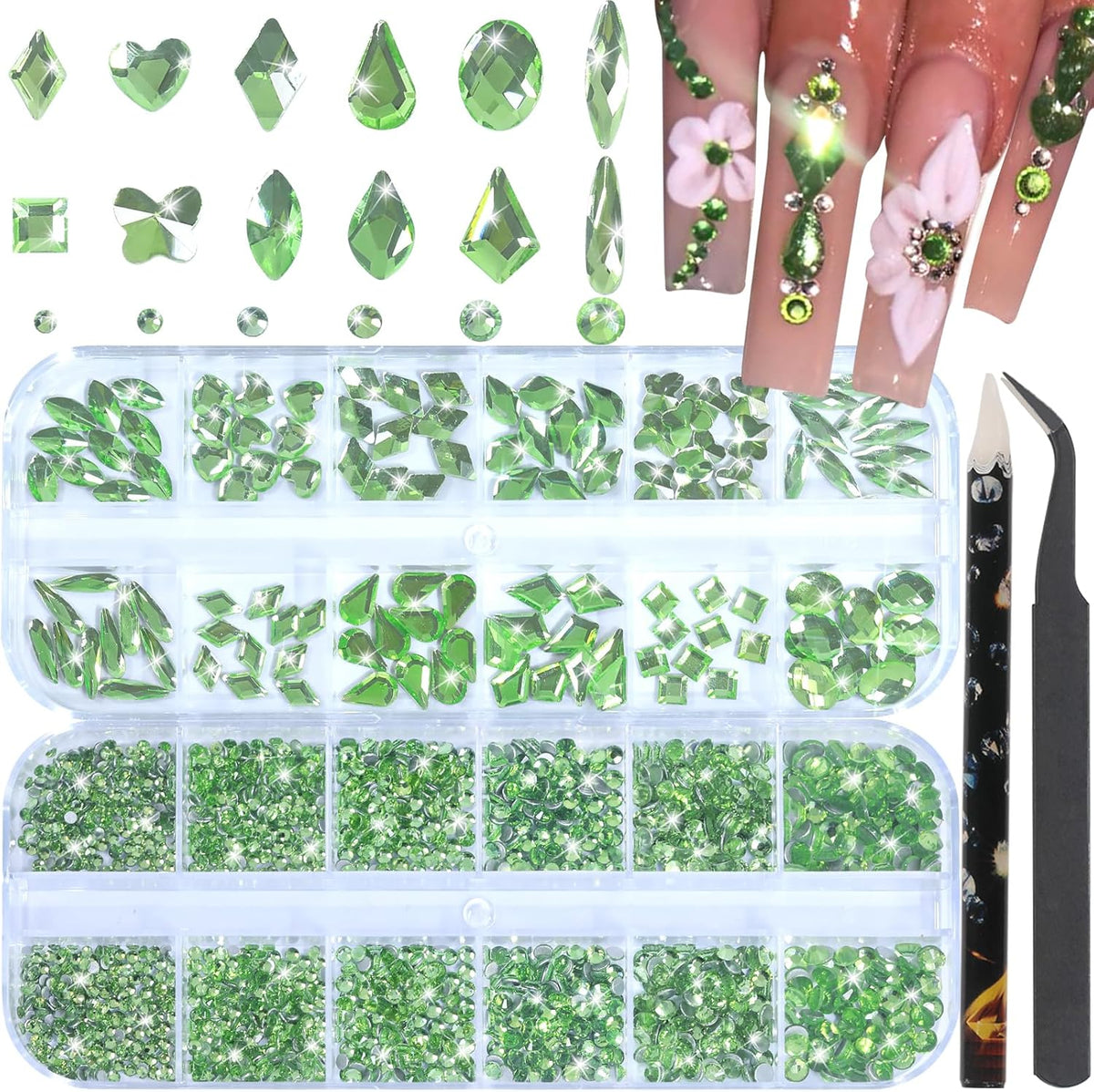 Nail Rhinestones - 3D Multi Shape Size, Flat Back, Manicure Rhinestones Charms, Crystal Light Green Gems, with Kit, for Nail Art, Bedazzling Acrylic Nails, DIY Decor