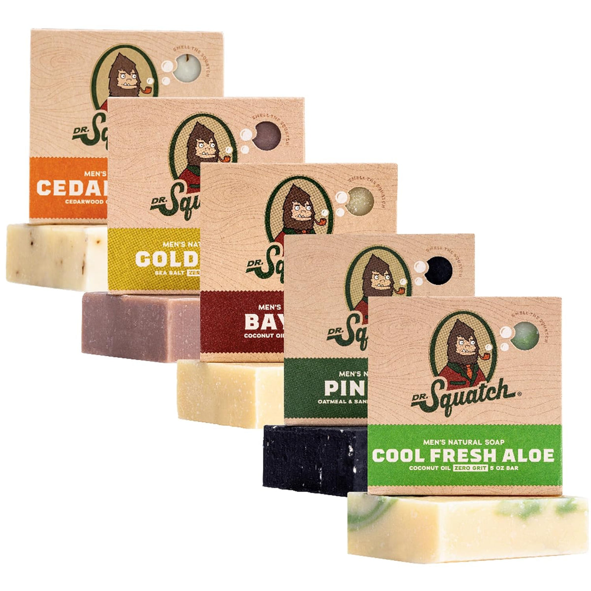 Dr. Squatch Natural Bar Soap for Men - Cold Process Soap with No Harsh Chemicals - Cool Fresh Aloe, Cedar Citrus, Gold Moss, Pine Tar & Bay Rum (5 oz, 5-Pack)