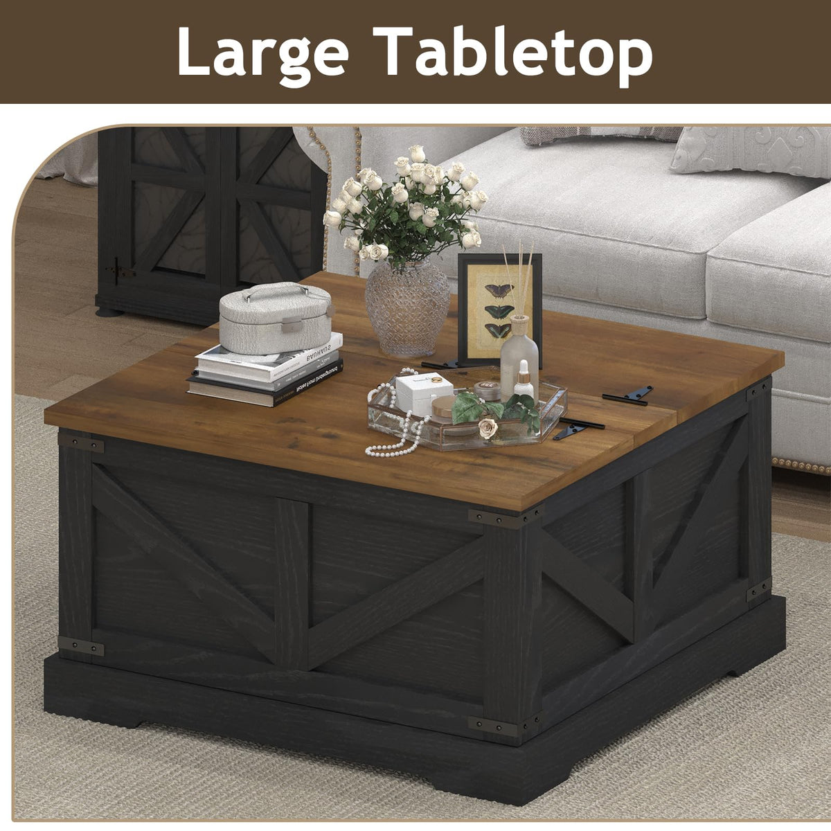 REVOMINCA Farmhouse Coffee Table with Hidden Storage Compartment, Black Square Coffee Table for Living Room, Wood Center Table with Hinged Lifting Tabletop for Home