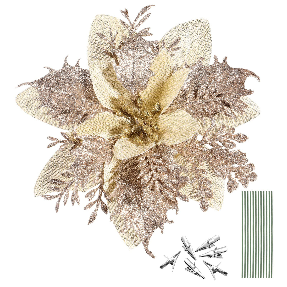 STOBOK Christmas Glitter Poinsettia Artificial Flowers|12 Pack Christmas Tree Ornaments for Wreaths Garland Holiday Party, Xmas Decoration, Red 6 Inch (Poinsettia)