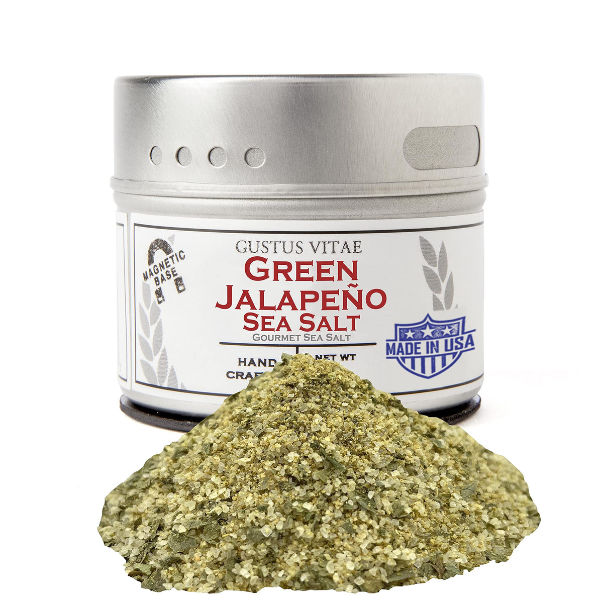Green Jalapeño Sea Salt | All Natural, Non GMO | Authentic Craft Gourmet Seasoning | Small Batch, Hand Crafted Seasoning | Made in USA | Sustainably Sourced, Ultra Premium Sea Salt | GLP-1 Friendly | Magnetic Tin | Gustus Vitae