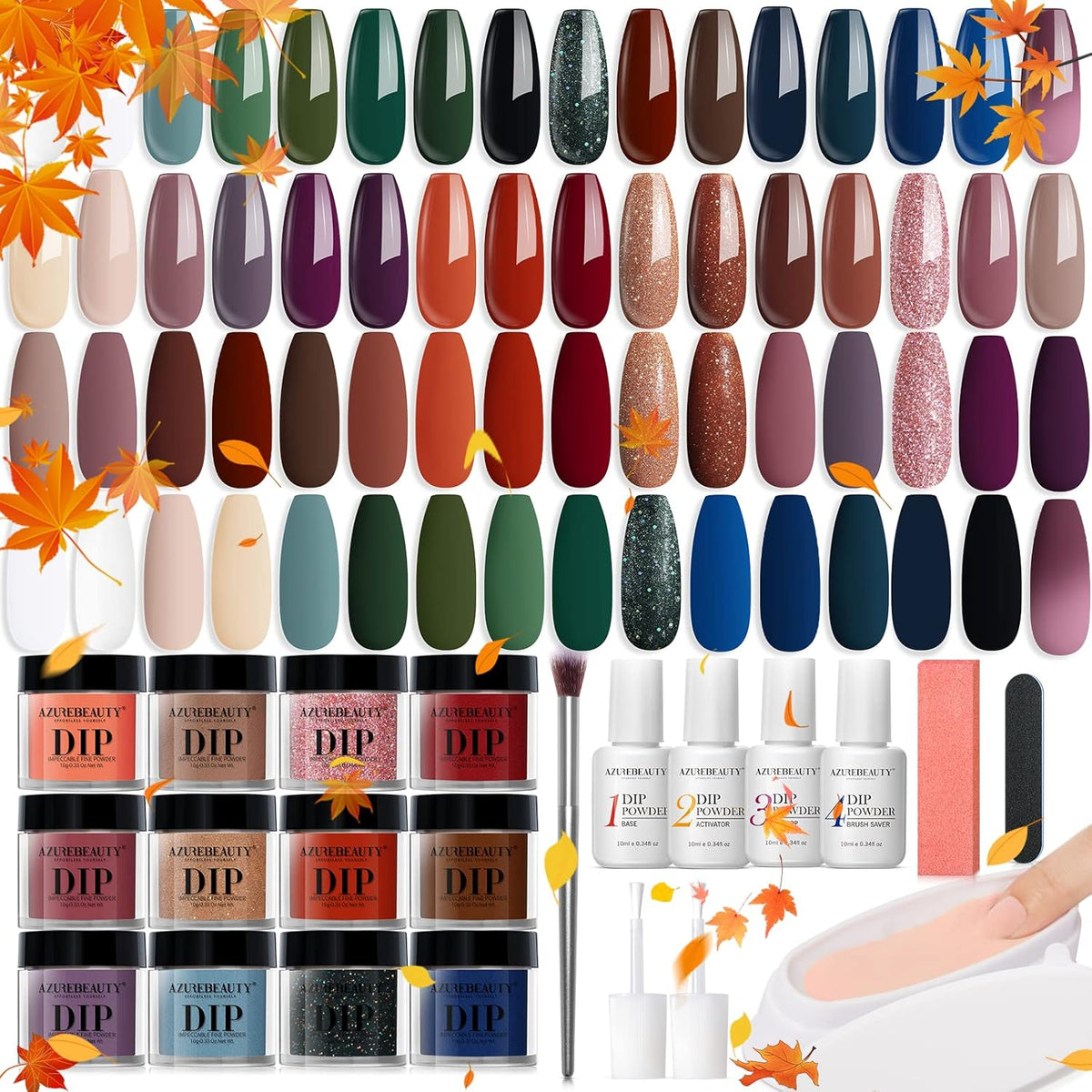 AZUREBEAUTY 42Pcs Dip Powder Nail Kit Starter, 32 Colors Fall Set Green Nude Brown Blue Dipping Powder Set with Top/Base Coat & Recycling Tray for French Art Manicure Salon