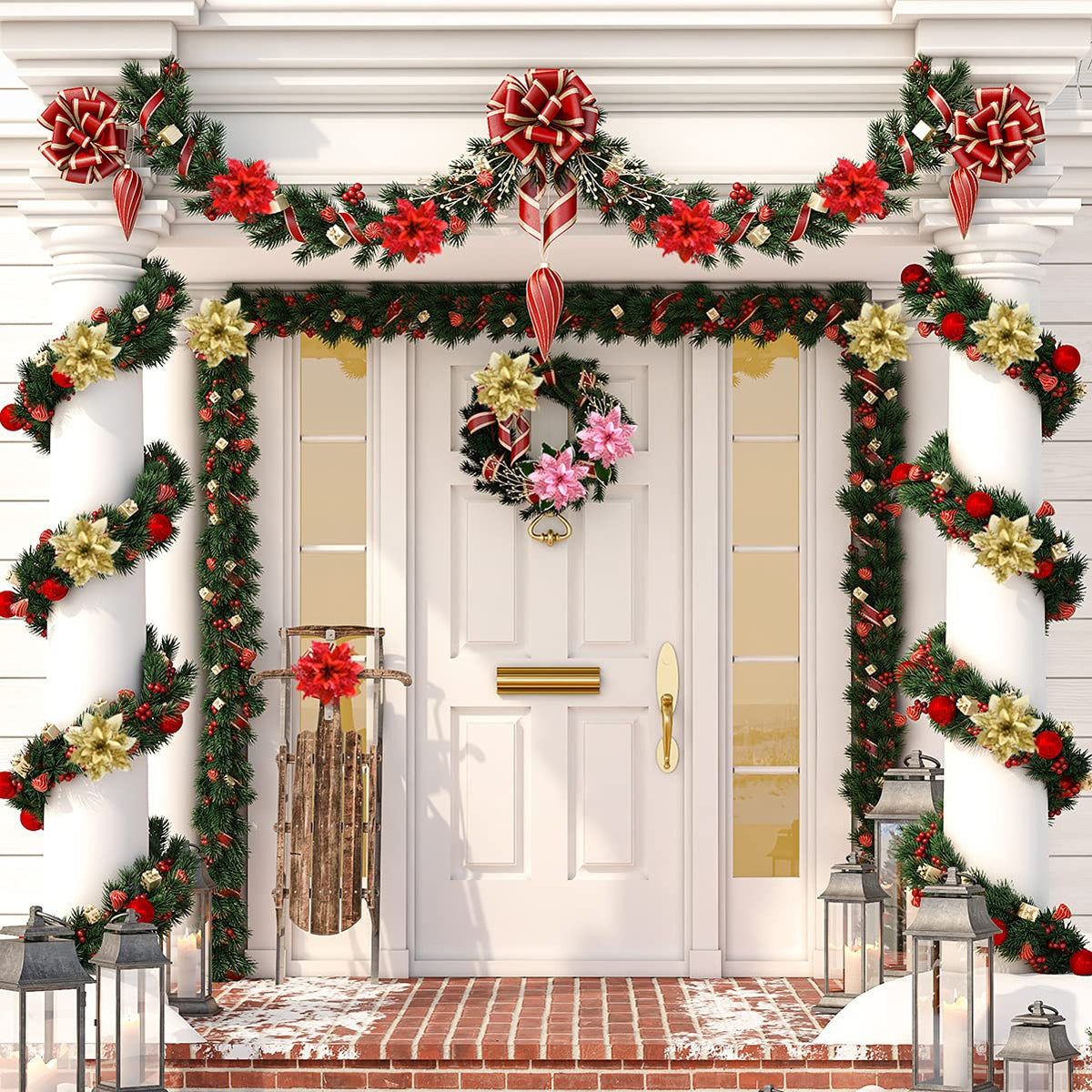 FurRain Christmas Poinsettia Artificial Flowers Decorations 5.5" Christmas Tree Wreaths Garland Decoration 12 Pcs Glitter Flowers Picks Decor for Xmas New Year Wedding Party Ornaments (Gold)