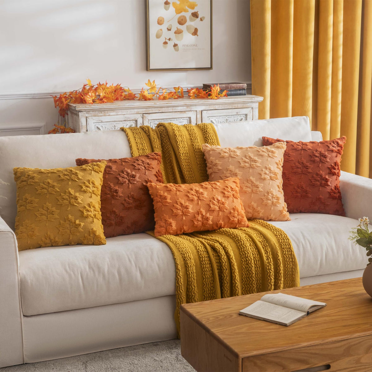 COSIBONO Maple Leaf Fall Throw Pillow Covers 20"x20" Set of 2, Light Gold Farmhouse Decorative Pillow Covers for Autumn Harvest Holiday Accent Pillow Cases, Faux Fur Pillow Covers for Couch Bed Room