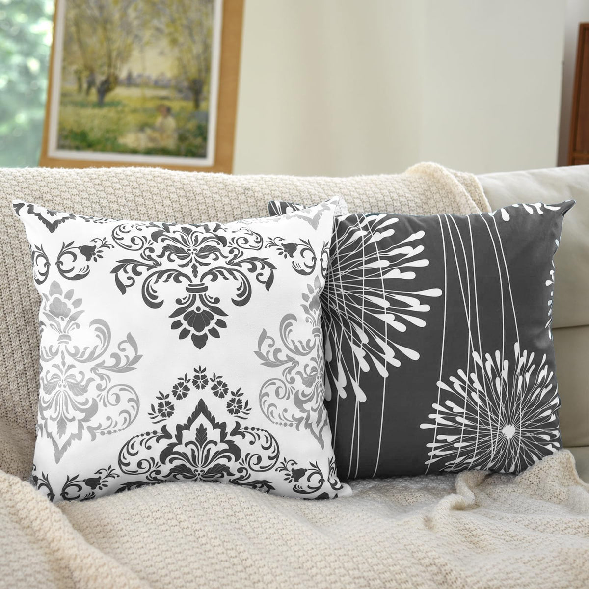 Coliuso Decorative Throw Pillow Covers 18x18 Set of 4, Dark Grey and White Modern Simple Square Pillow Case Cushion Cover for Sofa Couch Farmhouse Outdoor Living Room (Dark Gray and White, 18x18 inch)