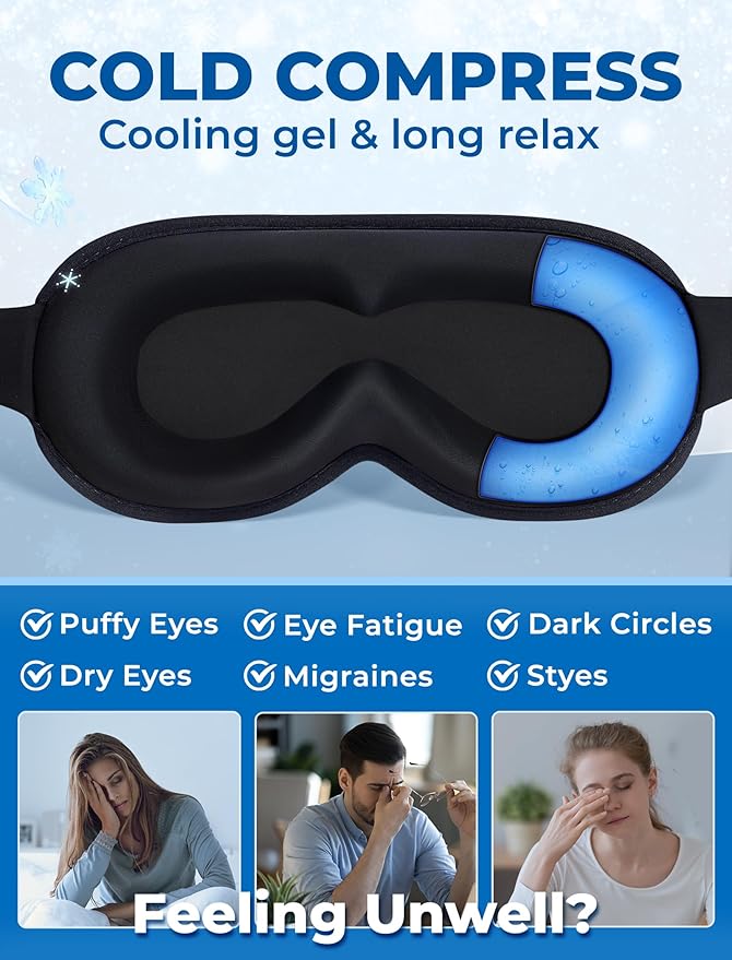 3D Cooling Sleep Mask Blackout-Gel Eye Mask for Cold Compress, Cooling Weighted Eye Mask for Sleeping, Zero Eye Pressure, Ice Cold Pack, Cold Compress for Puffy Eyes FSA HSA Eligible-Black