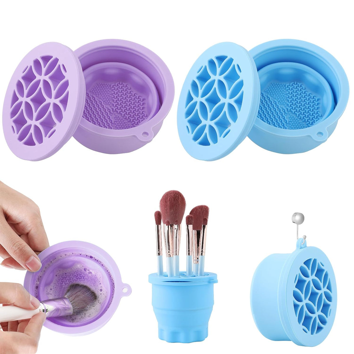 Makeup Brush Cleaner - Foldable Silicone Makeup Brush Cleaner Mat with Brush Storage Holder Makeup Brush Cleaning Bowl Cosmetic Brush Washing Tool for Cleaning Organizer and Drying (Purple and Blue)