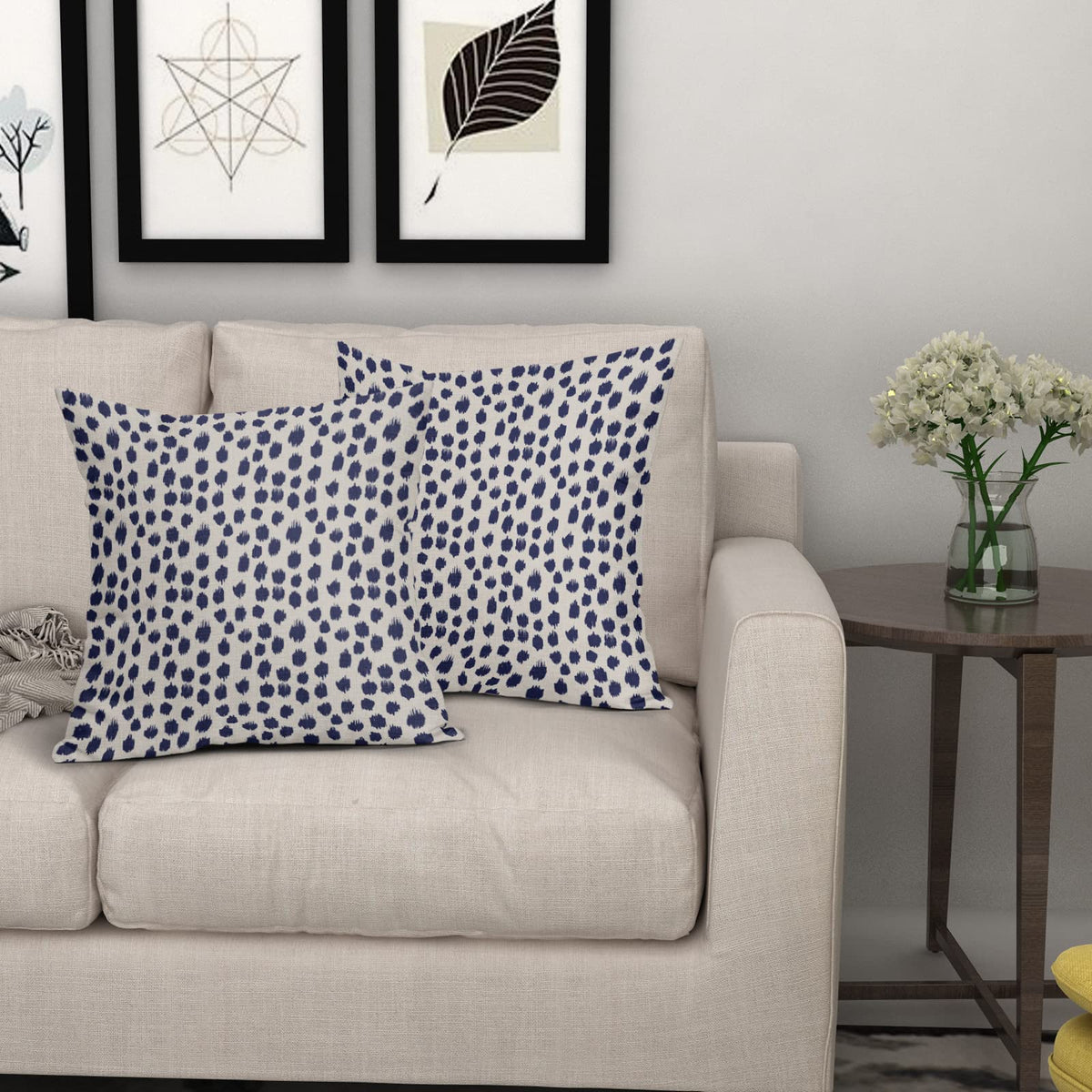 Navy Blue Cream Pillow Covers 18x18 Set of 2 Polka Dot Throw Pillows Outdoor Boho Design Brush Strokes Decorative Pillowcase Square Cushion Cover Linen Pillow Case for Home Sofa Couch Bed