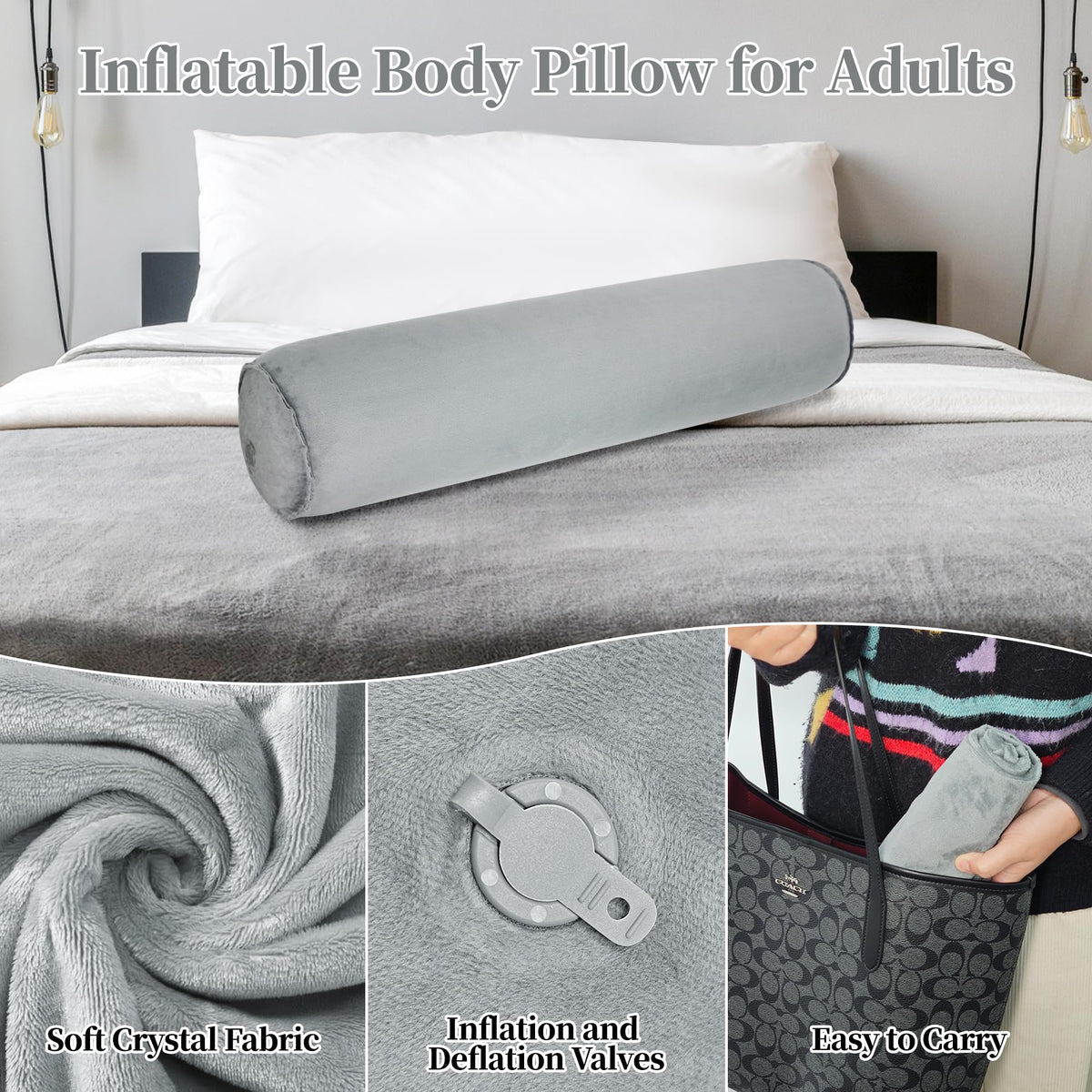 YEEKORO Long Body Pillow for Adults, Inflatable Full Body Pillow, Multifunctional Side Sleeper Pillows, Round Bolster Pillow for Bed (Grey, 120cm/47.24inch)
