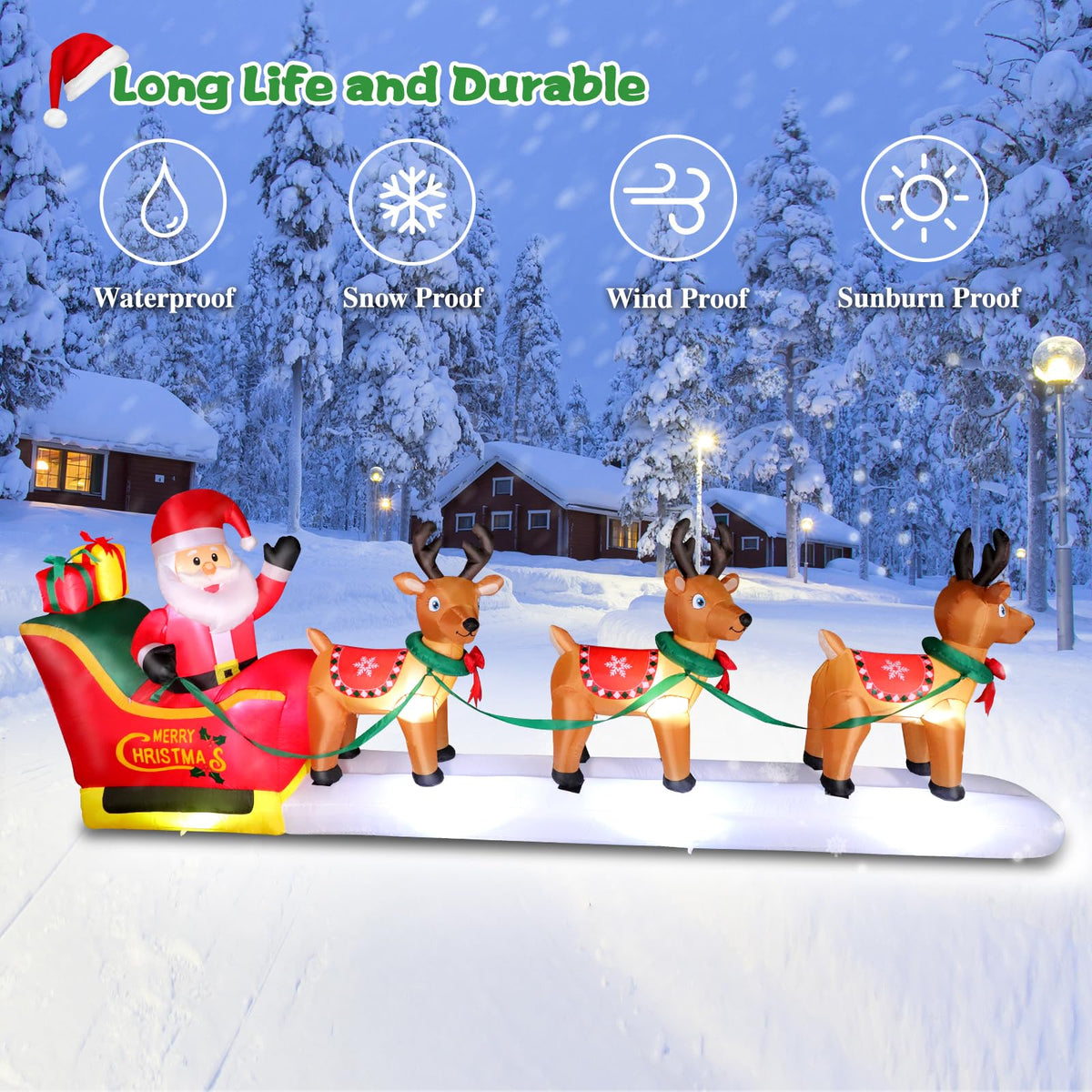 12FT Long Christmas Inflatables Santa Claus on Sleigh with 3 Reindeer Yard Decoration, Cute Blow Up Santa Xmas Decor with Bright LED Lights for Outdoor Garden Lawn Home Holiday Party