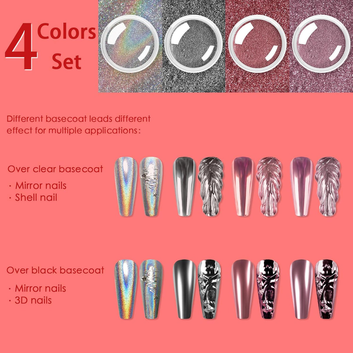 Allstarry Chrome Nail Powder, Metallic Mirror Effect Pigment Chrome Holographic Nail Glitter Magic Unicorn Glitter Dust Kit for Manicure Valentines Nail Art Decoration- Pink Silver Grey Series
