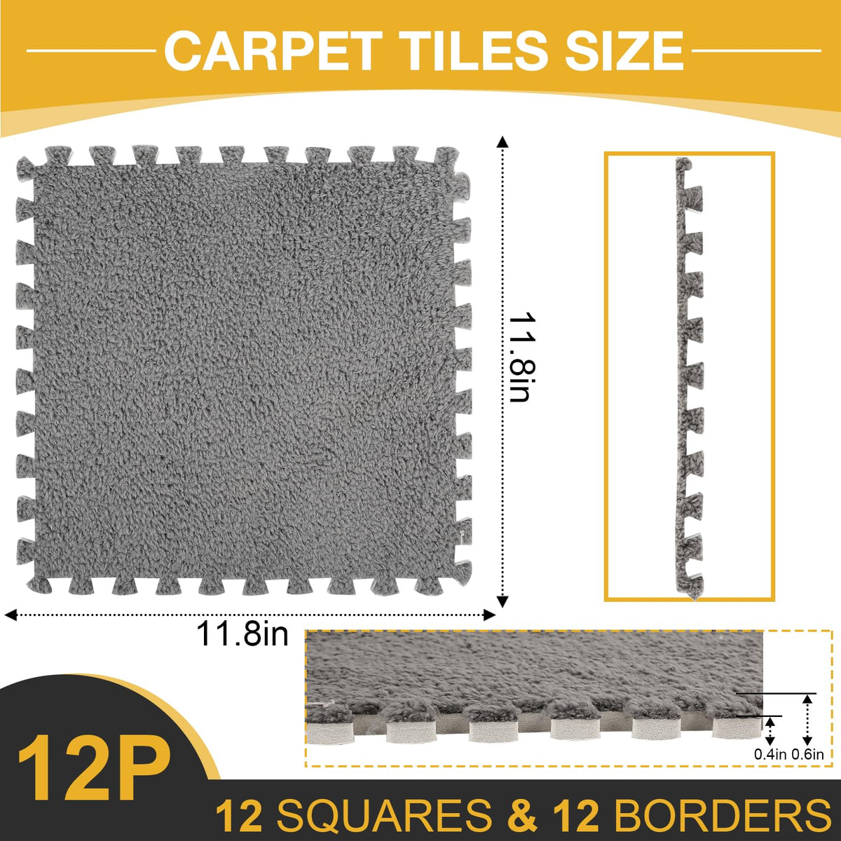 ZENOWICK 12pcs Interlocking Carpet Tiles Plush with 12 Edgings 4 Rug Tapes, Protective Soft Foam Carpet Puzzle Play Mats for Kids Room Floor 11.8 x 11.8 Inch, Grey