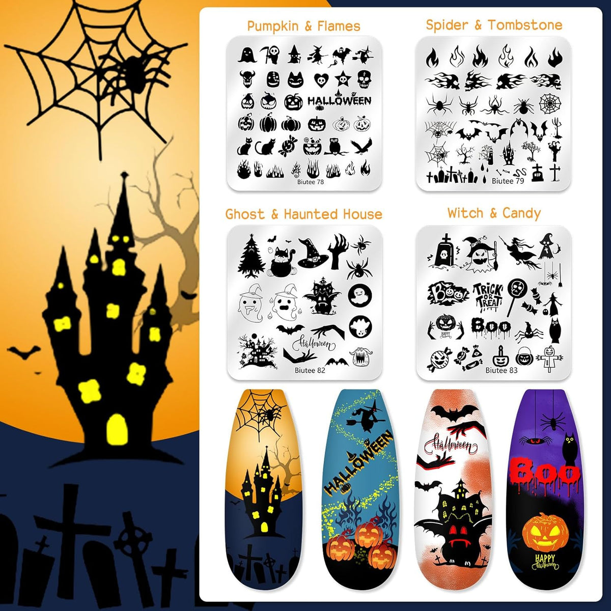 Biutee Nail Stamping Plate 20Pcs Nail Stamper Kit 16Pcs Nail Art Stamping Plates with Silicone Stamper, Scraper & Storage Bag, Stamp Plates Star Plaid Love Leaf Template Halloween Design Gift