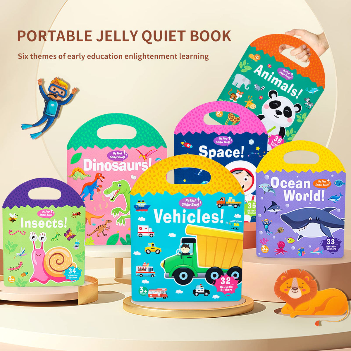 3 Pack Portable Jelly Sticker Quiet Book for Kids, Reusable Sticker Book for Toddlers, Preschool Learning Activities Learning & Education Toys, Animal Dinosaur Vehicle Travel Toys