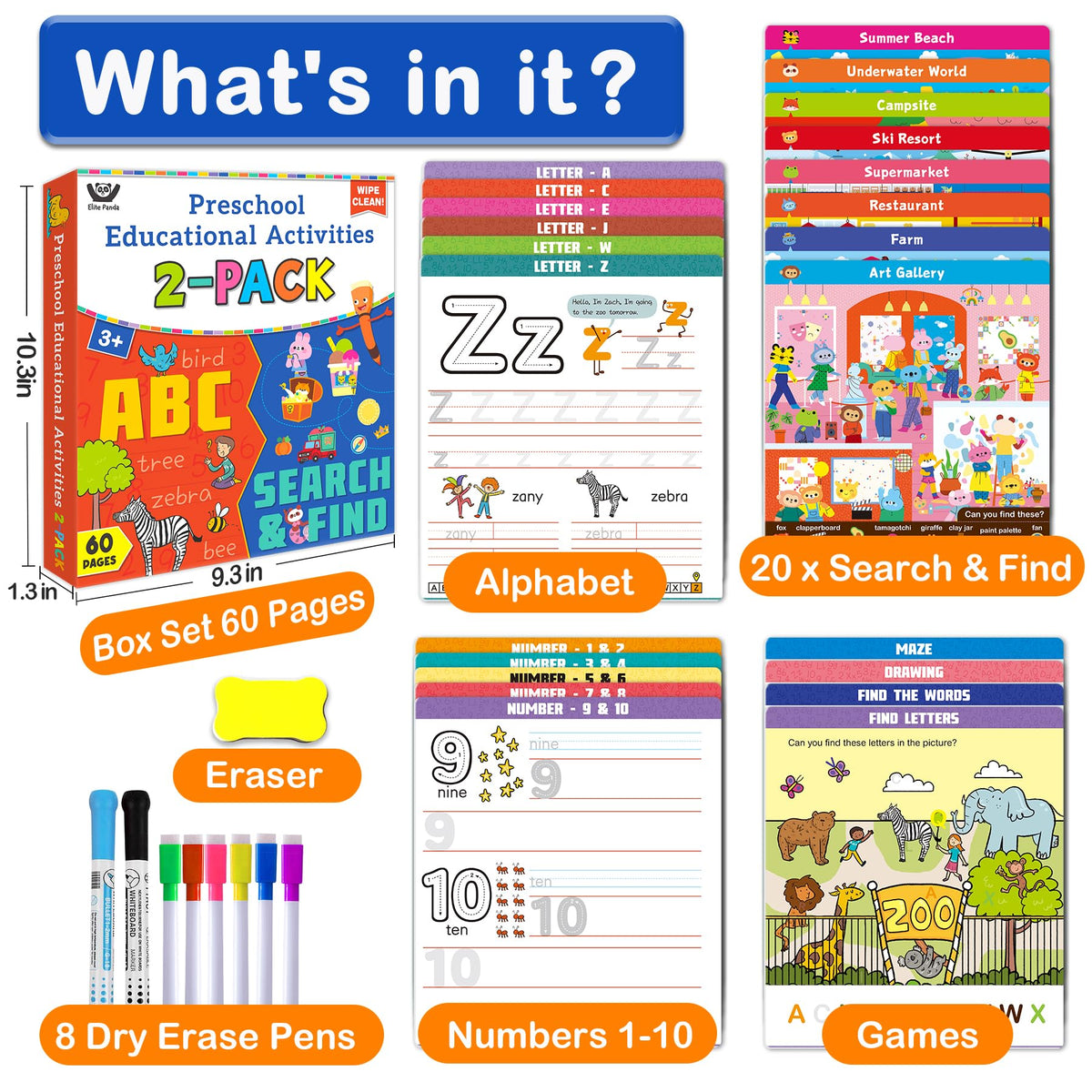 Elite Panda Preschool Learning Activities 60 Reusable Pages - Kindergarten Workbook with Search and Find Games, Letter & Number Tracing Book, Montessori Educational Toys for Kids Ages 3, 4, 5, 6 Gifts