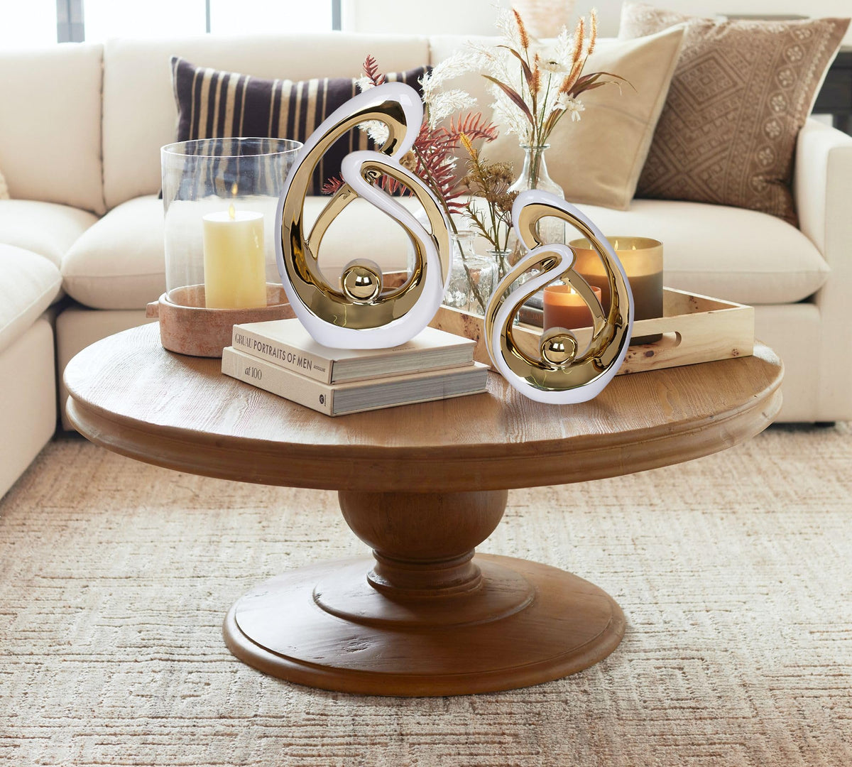 2 PCS White Gold Decor Accent Ceramic Statue White Mid Century Modern Home Decor Accents Sculpture Decorations Centerpieces for Living Room Bookshelf Shelf Coffee Table Kitchen Office Dining Table