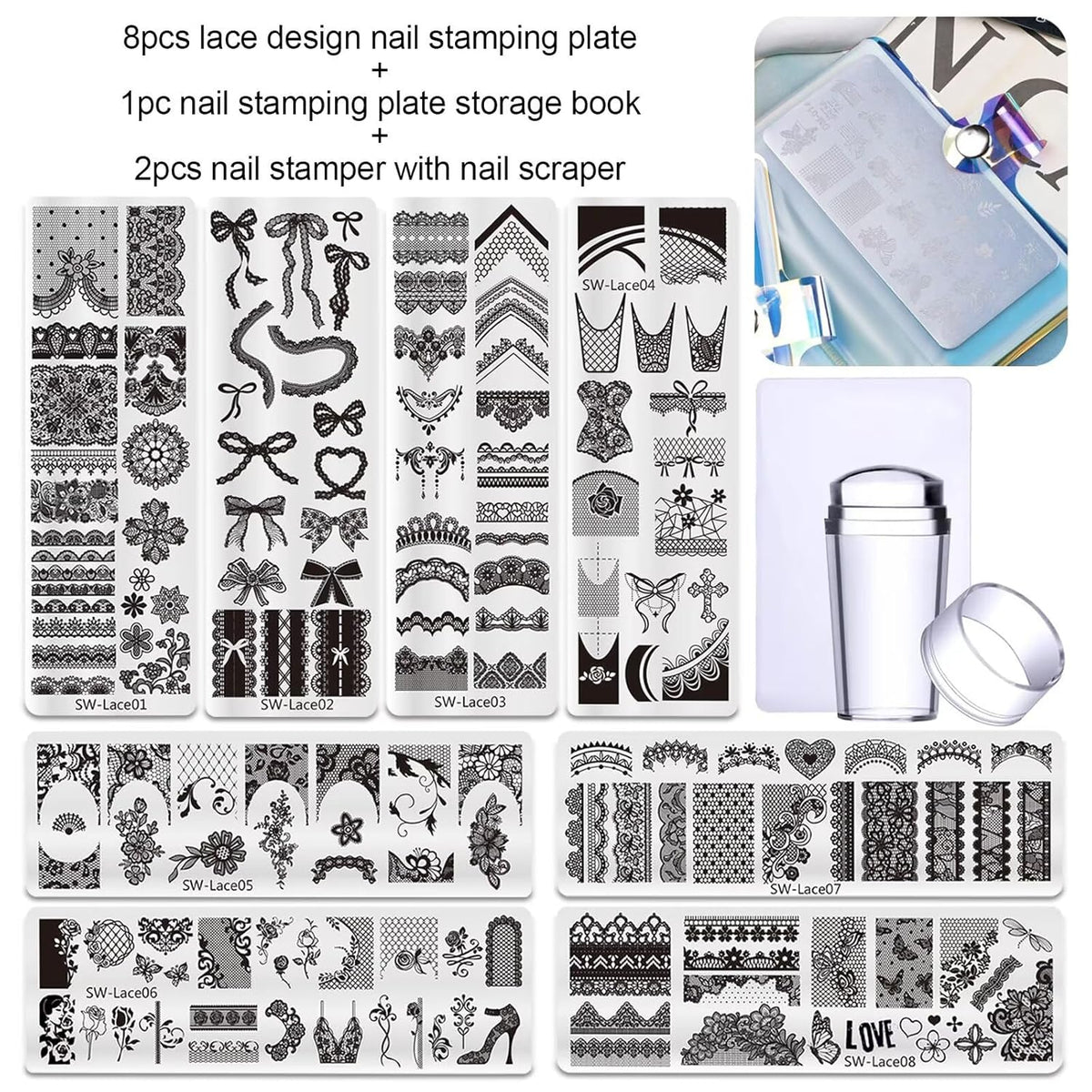 Lace Nail Stamping Plate Set - French Tip Stamp Silicone Nail Stamper Kit Bow Lace Design with Nail Stamp Plates Laser Storage Bag Nail Art Stencil Nail Supplies for Home DIY &Professional Salon