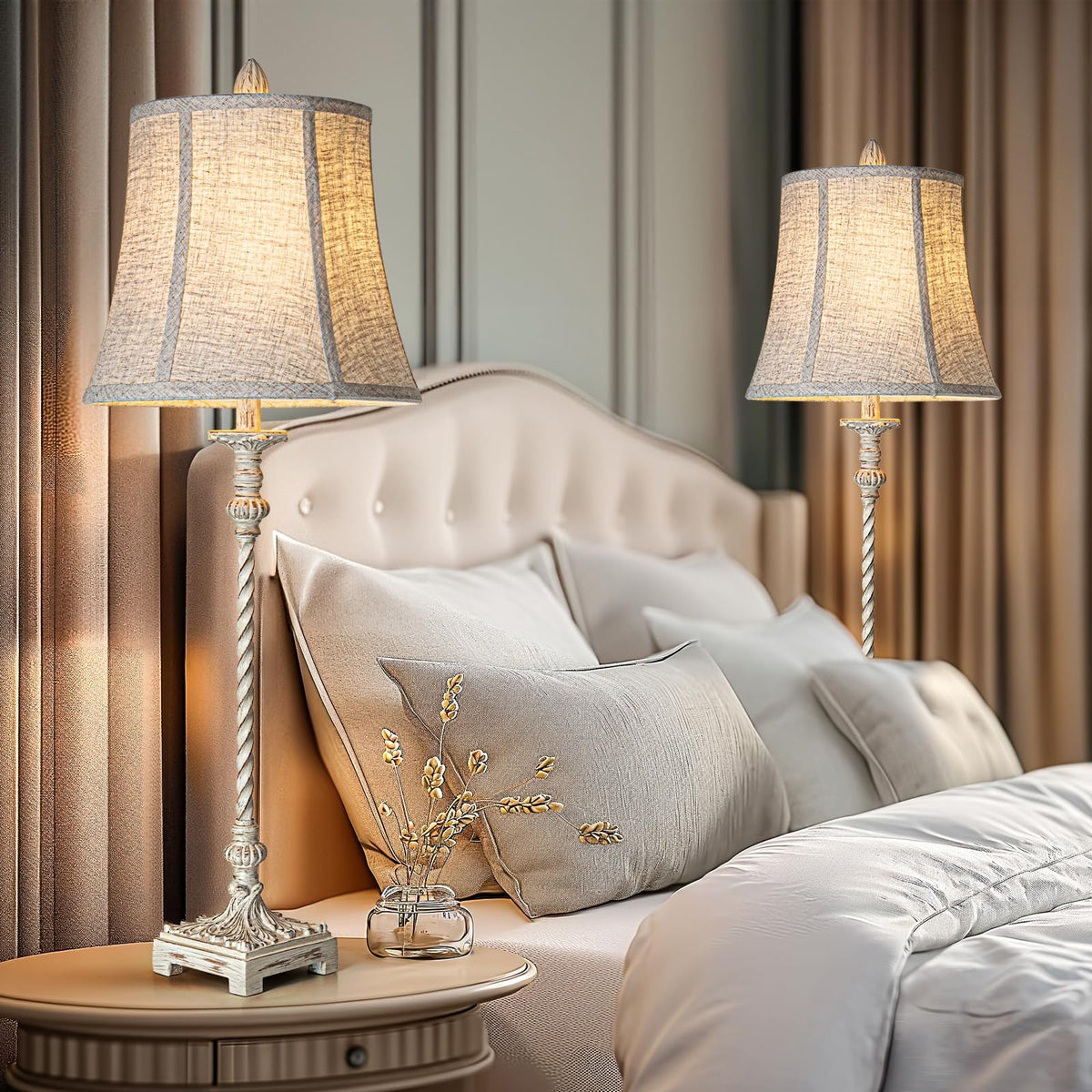 LuxSight European Country Vintage Style Candle Stick Buffet Table Lamps Set of 2, 33'' Tall Ivory White Linen Fabric Soft Bell Shade Stepless Dimming for Living Room Bedroom Dinning House Study Room