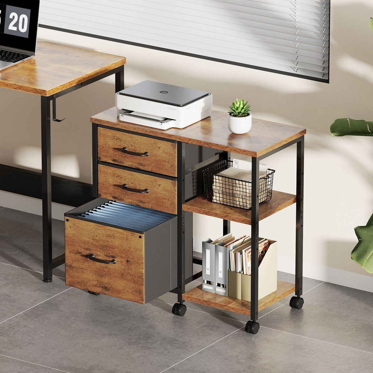 Maihail 3 Drawer File Cabinet with Wheels Rolling Printer Stand with Open Storage Shelf Fabric Lateral Filing Cabinet for Home Office,Rustic Brown2