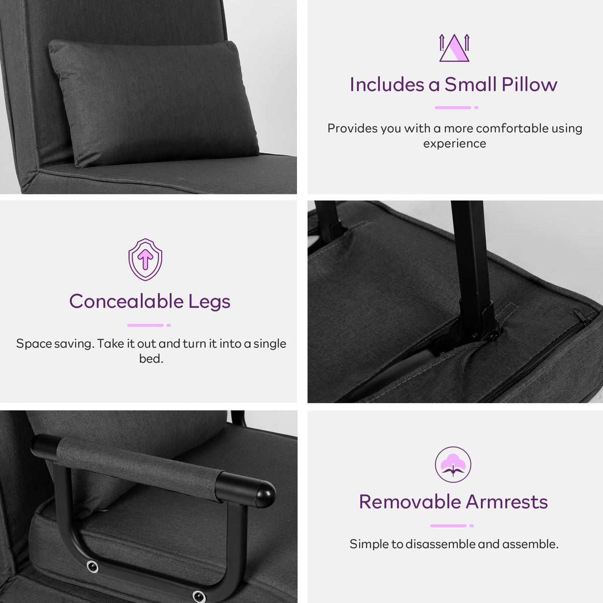 TYBOATLE Sleep Chair Bed, Comfy Convertible Sleeper Chairs for Adults, 5 in 1 Folding Sofa Bed with 5-Position Adjustable Backrest & Pillow, Cozy Small Chair Couch for Small Spaces, Office (Dark Grey)